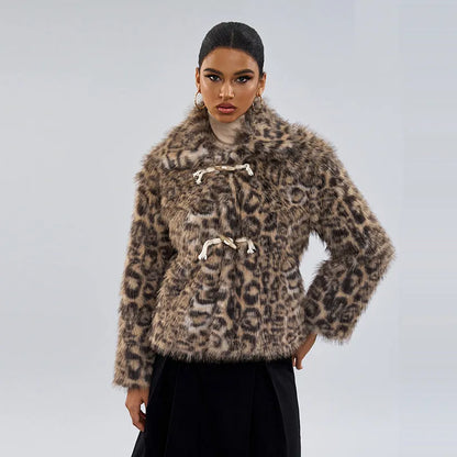 Leopard print women's coat with buckle lapel detail, regular sleeves, and street fashion style