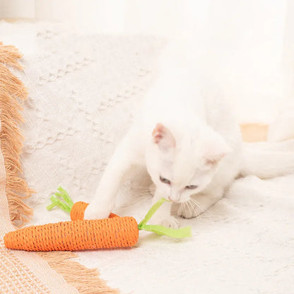 Set of interactive cat toys including carrot bites, paper toys, ringing stones, and sticks in two sizes.