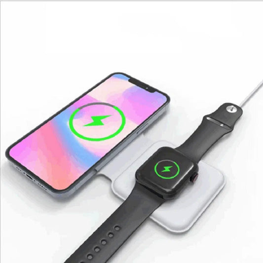 White foldable magnetic wireless charger showing dual charging surfaces and 180° folding mechanism