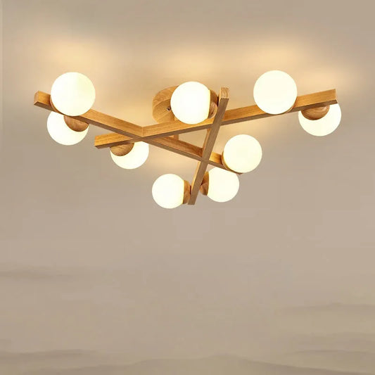Wooden Nordic style ceiling light with three light heads, neutral illumination, for living room installation