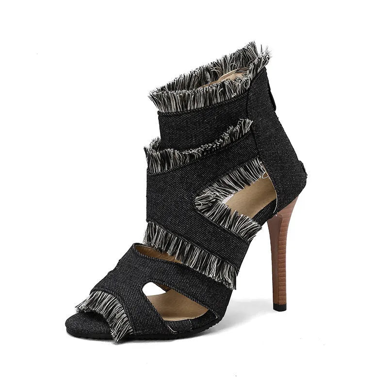 Women's plus size denim high heel sandals in leopard print and plaid patterns available sizes 32-50 EU