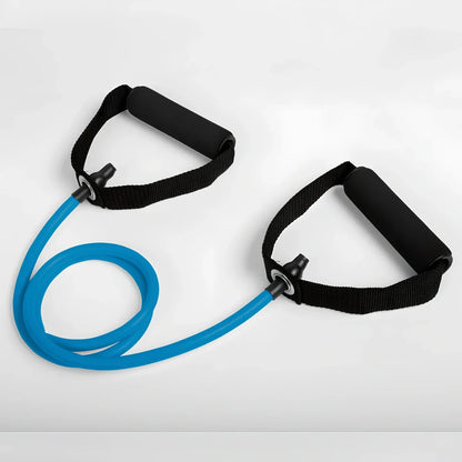 Five colour-coded latex resistance bands showing 120cm length with resistance levels from 10-30 pounds
