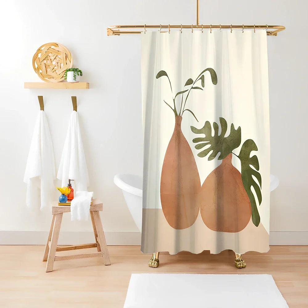 Green plant print shower curtain with waterproof polyester material in bathroom setting