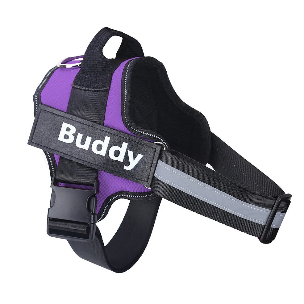 Personalised dog harness with reflective straps and adjustable chest fitting showing no-pull design
