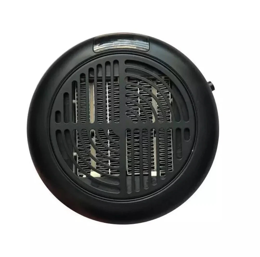 Black portable mini heater with temperature control dial showing 15-32°C range and compact design