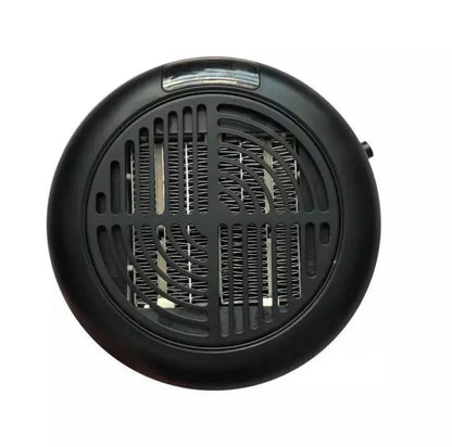 Black portable mini heater with temperature control dial showing 15-32°C range and compact design