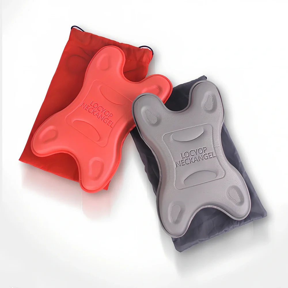 Red and grey EVA foam neck stretcher massager showing ergonomic curvature for cervical spine support