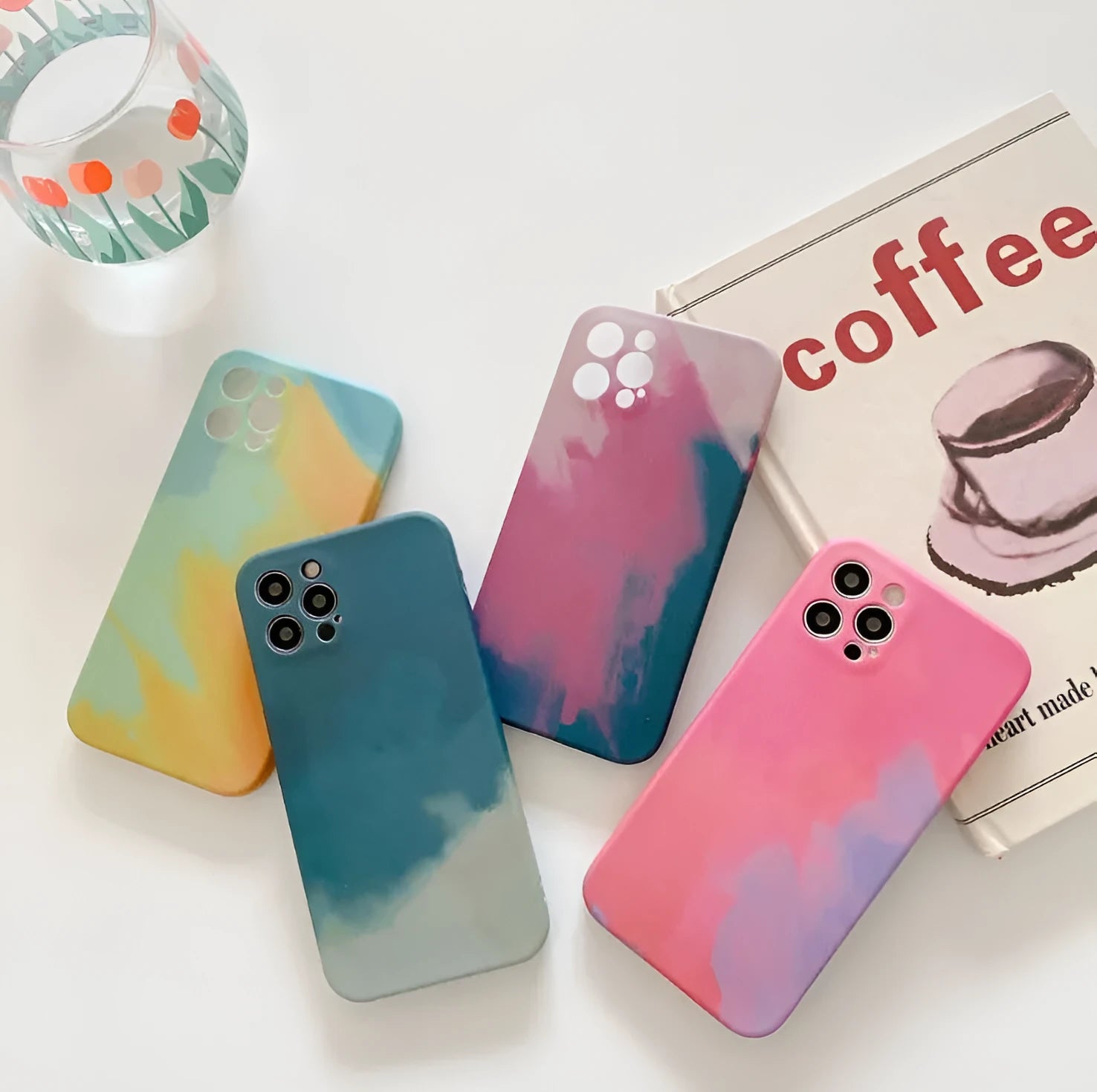 Silicone iPhone case with oil painting gradient design in blue, green, pink, or purple colours