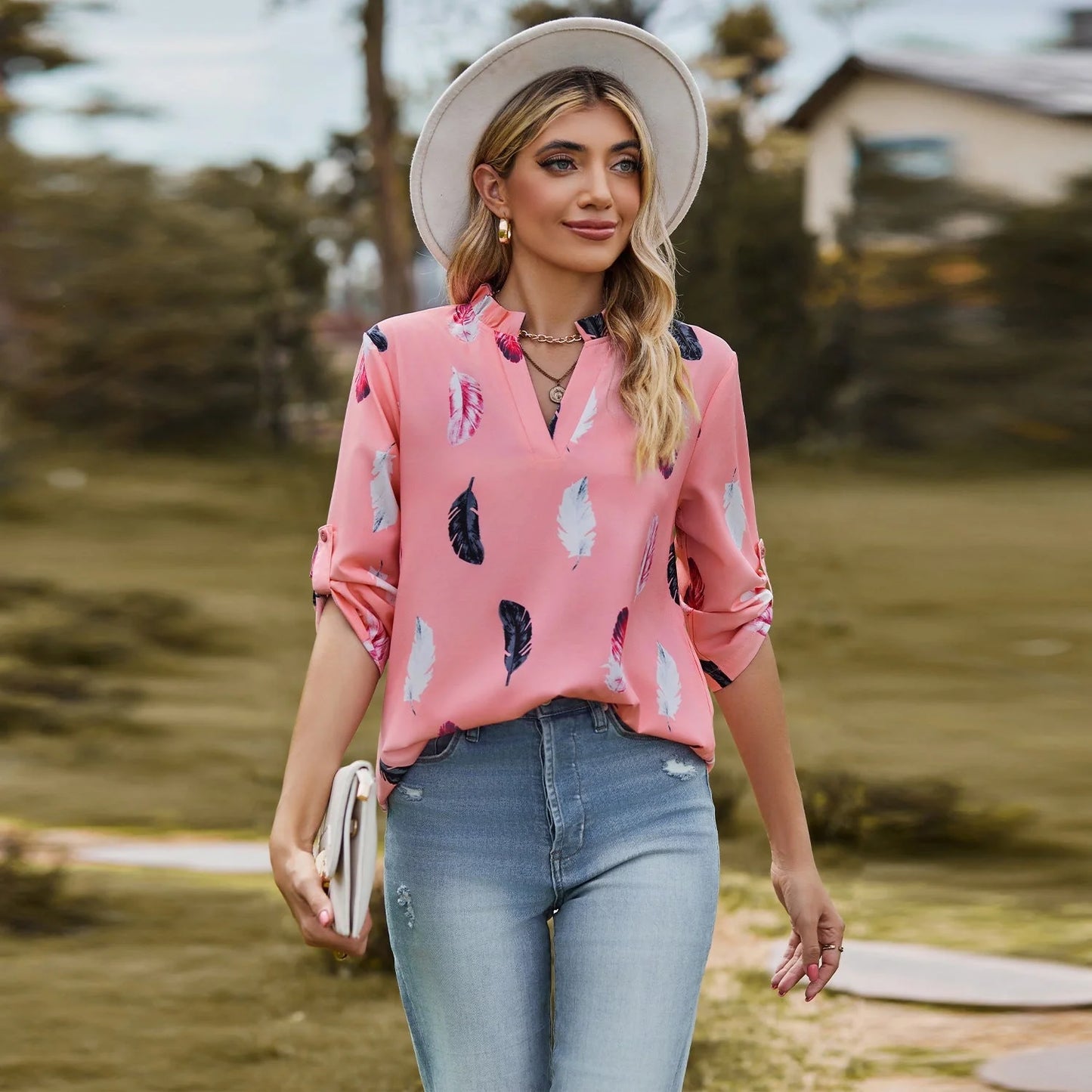 Stylish feather-printed pullover blouse in a variety of colors and sizes