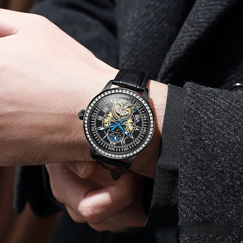 Men's waterproof mechanical watch with stainless steel case, 42mm dial, and butterfly buckle on wrist