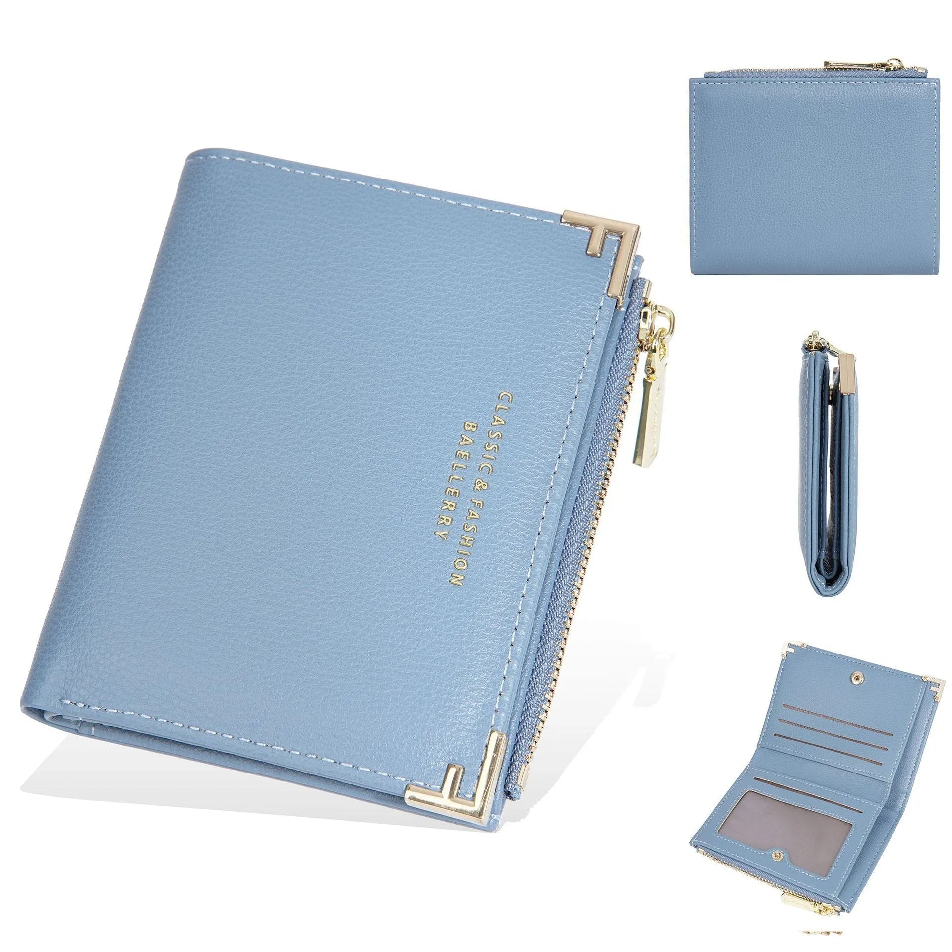 Slim pink PU leather women's wallet with card slots and a zipper coin compartment.