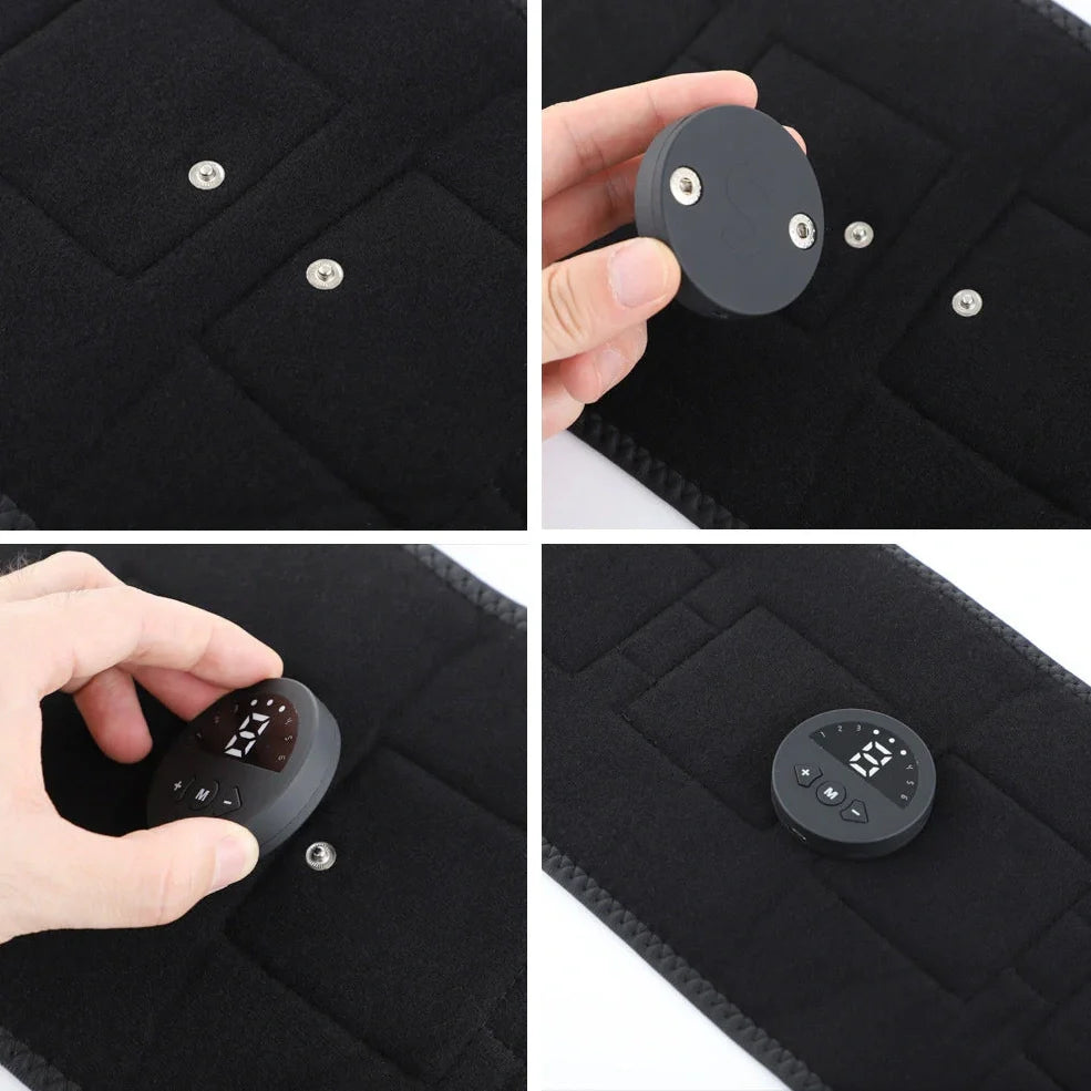 Black EMS pulse health care belt with control unit showing mode and intensity buttons, measuring 110cm with tapered width