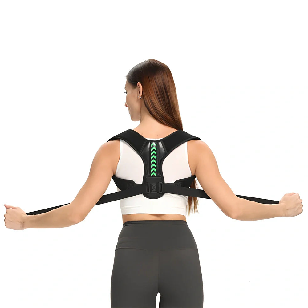 Arrowhead fishbone posture correction belt in black with green detailing, showing adjustable nylon straps and upper back support design
