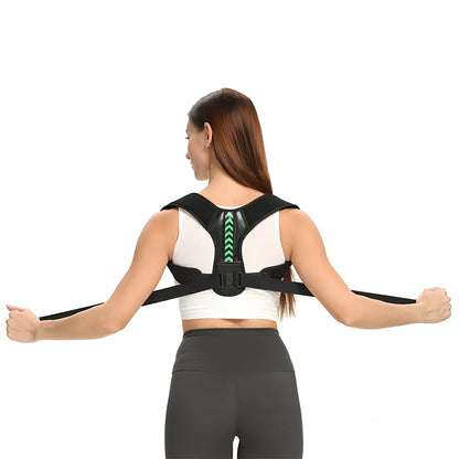 Arrowhead fishbone posture correction belt in black with green detailing, showing adjustable nylon straps and upper back support design