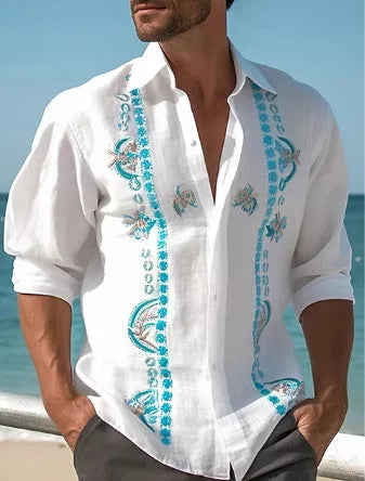 Men's casual long sleeve shirt with unique totem print, available in multiple colors and sizes.