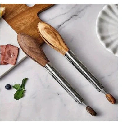 Stainless steel barbecue food tong with wood handle showing clamp mechanism and length measurement