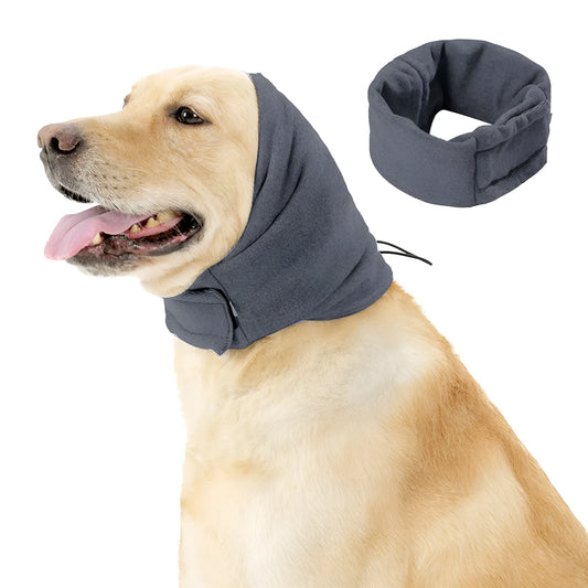 Black dog calming hoodie head wrap covering ears, shown on a dog as a hood and neck scarf.