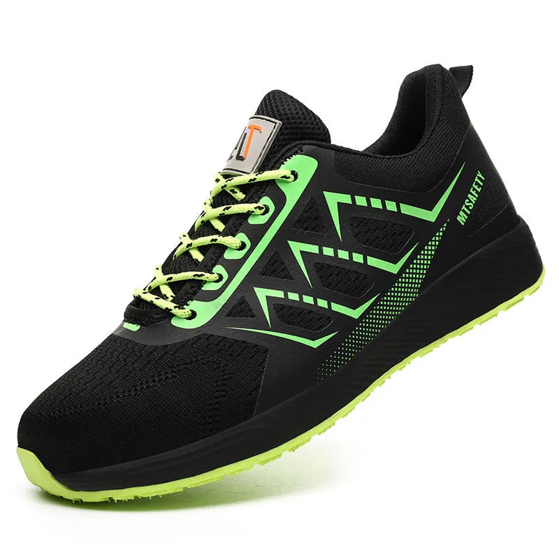 Black ultra-light labour protection safety shoes with steel toe cap and lace-up front.