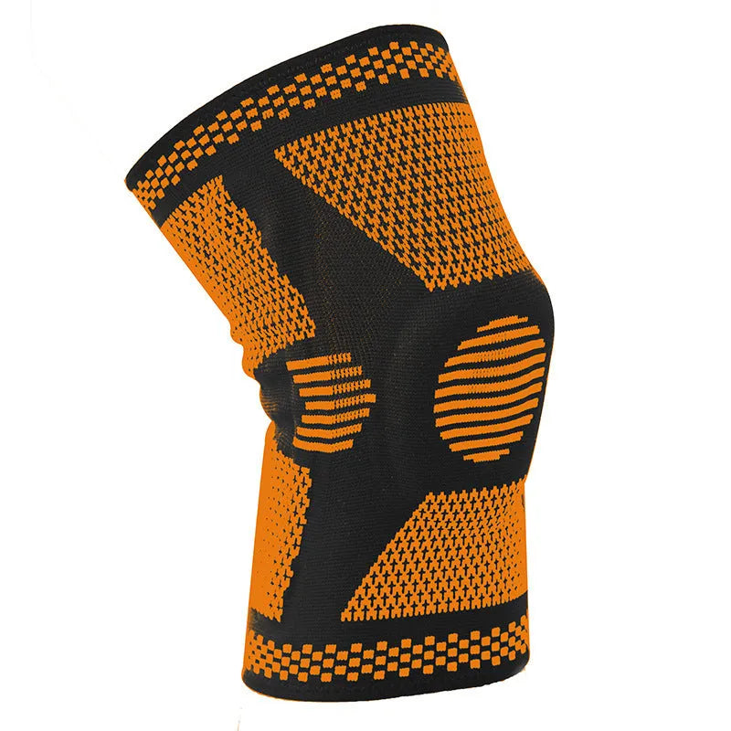 Polyamide silicone spring knee pads in blue, green, orange, and white colours shown in L, M, and XL sizes.