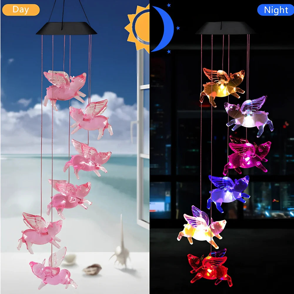 Solar-powered wind chime garden lamp with hummingbird design, automatic day-night operation, waterproof construction