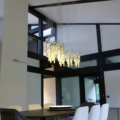 Carved hollow tube bar chandelier with six LED heads in aluminium alloy construction measuring 120cm length