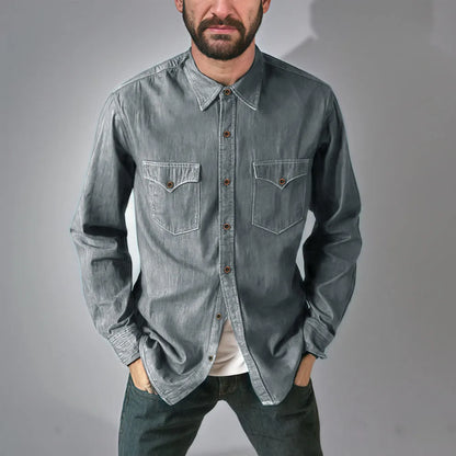 Denim cardigan coat in cotton fabric showing front opening and regular fit design