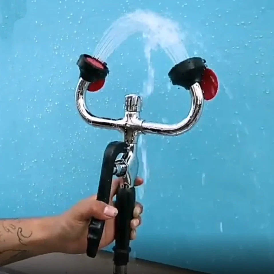 Versatile wall-mounted emergency eyewash station with dual spray heads for comprehensive eye coverage and hands-free 360-degree rotation