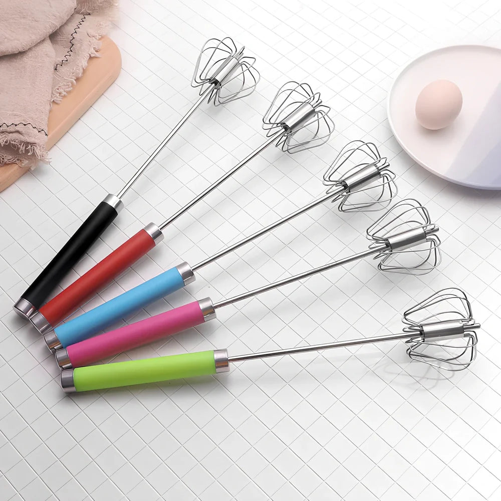 Self-spinning whisk with straight stainless steel design and black handle in multiple colours
