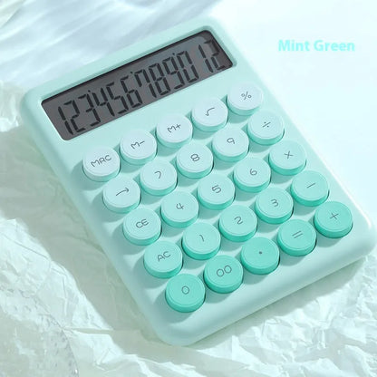 Gradient colour desk calculator with 12-digit display in violet, cherry blossom powder, glacier blue, or mint green options