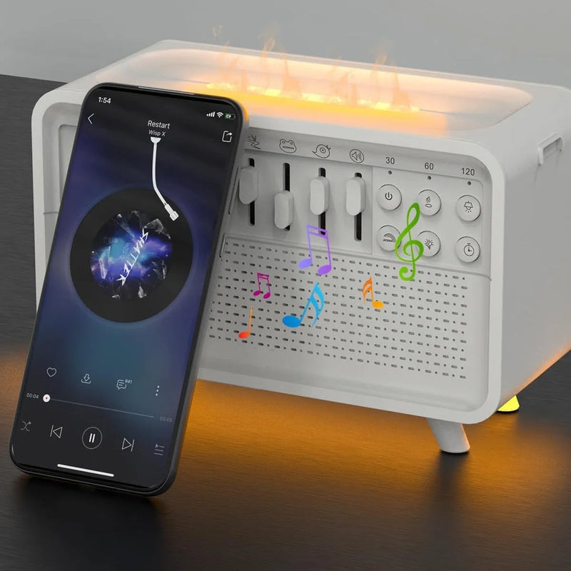 Bluetooth speaker with white noise machine, humidifier, and night light all-in-one device featuring geometric stereo design, European style, 200mm width, and combination of 8 nature sounds for sleep, nursery, or relaxation spaces