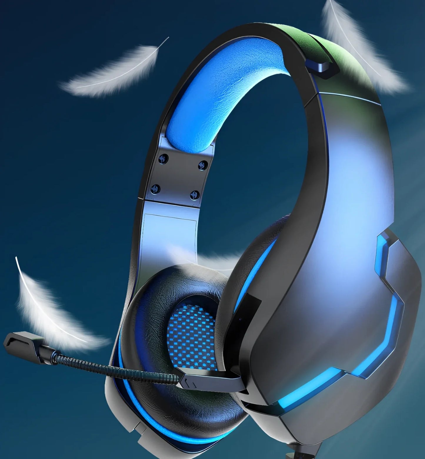 Blue J10 3.5mm wired gaming headset with LED lights, noise-canceling mic, and adjustable headband for PC use, 170x90x210mm size