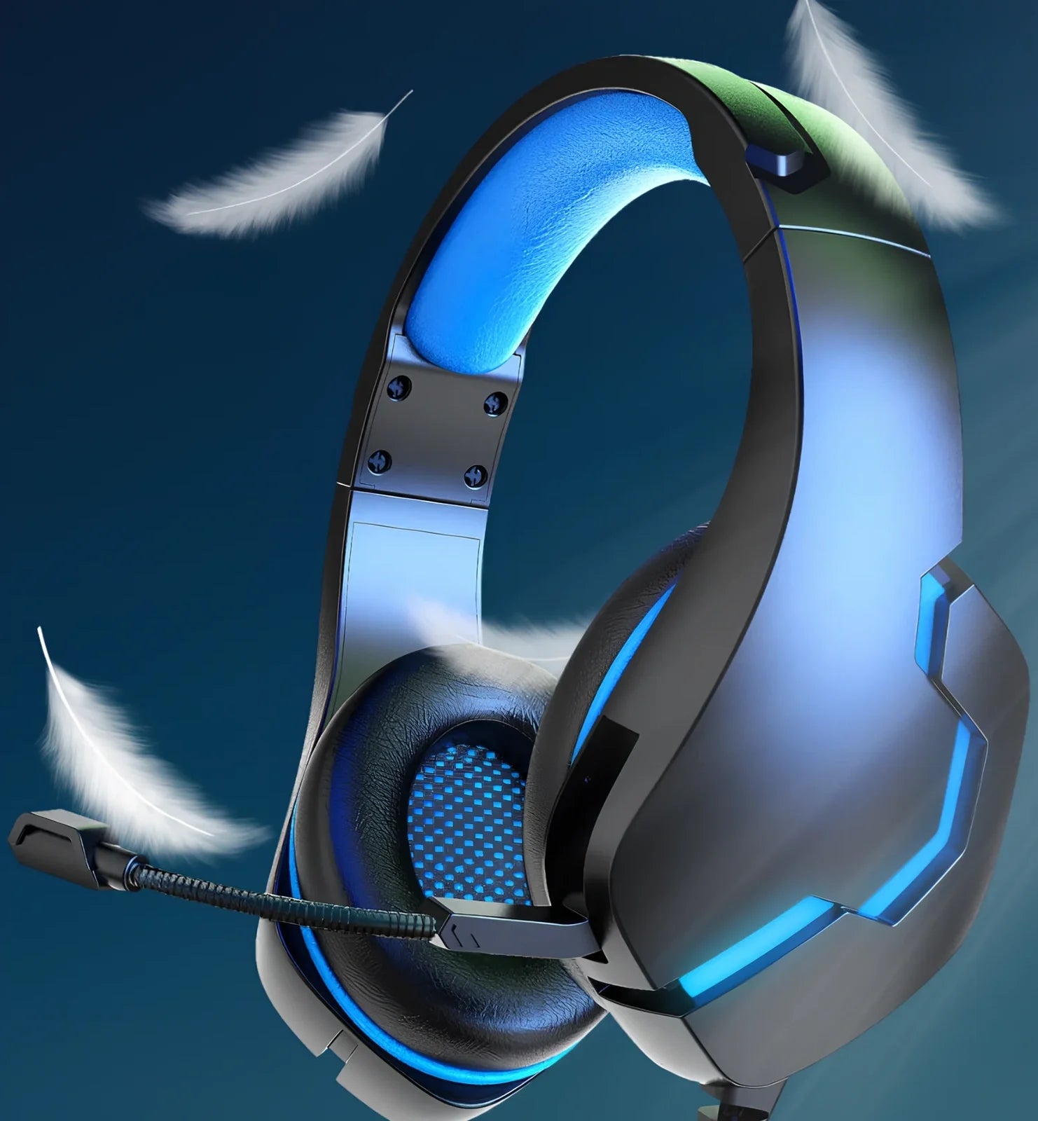 Blue J10 3.5mm wired gaming headset with LED lights, noise-canceling mic, and adjustable headband for PC use, 170x90x210mm size