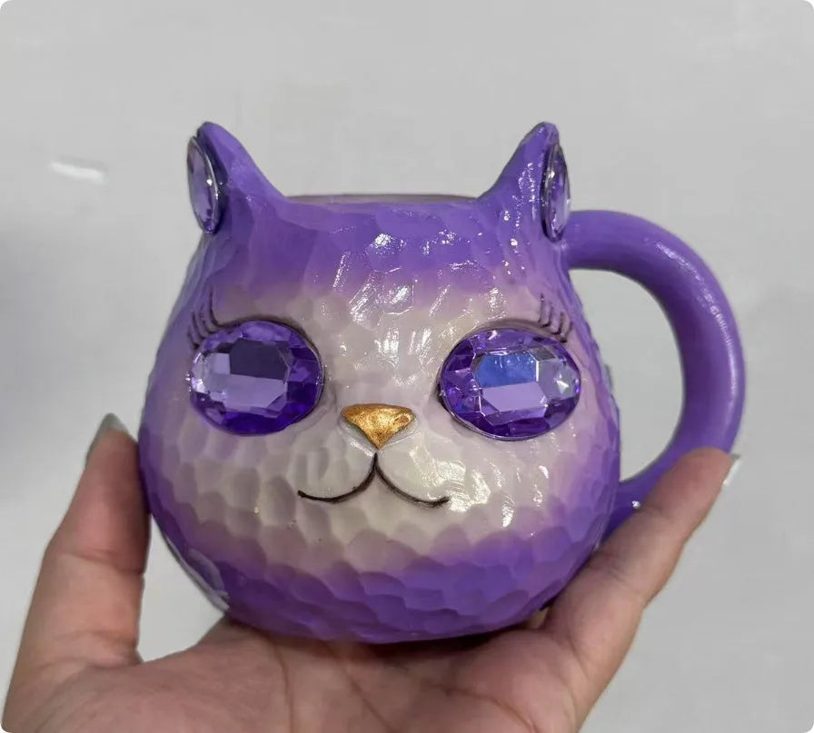 Crystal Earth Cat Cup resin crafts decorative item with cat motif in purple, green, blue, or pink colour