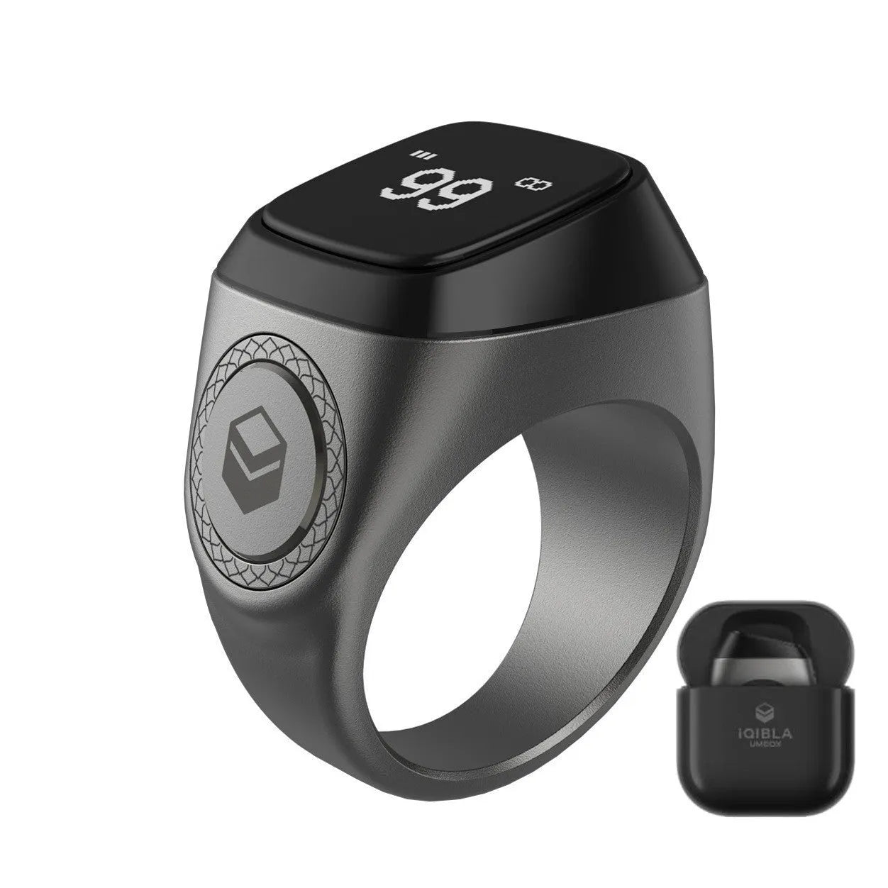 Zikr1 smart ring in metal with OLED display showing time and Tasbih count, sizes 18mm-22mm