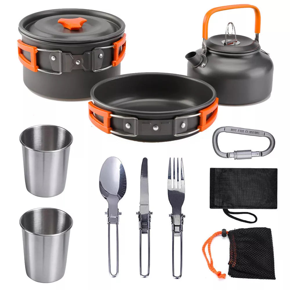 Outdoor Jacketed Kettle Camping Tableware Set in Orange, Black, or Green