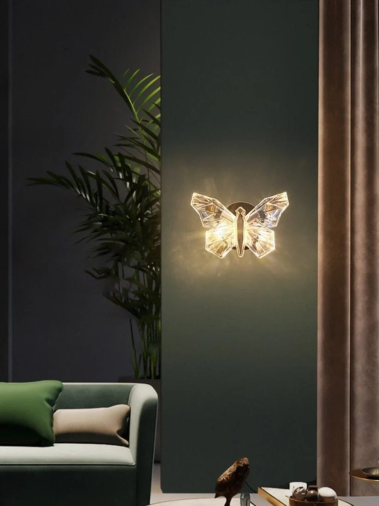 Butterfly-shaped crystal wall lamp with aluminium frame and multi-colour LED lighting for bedroom decoration