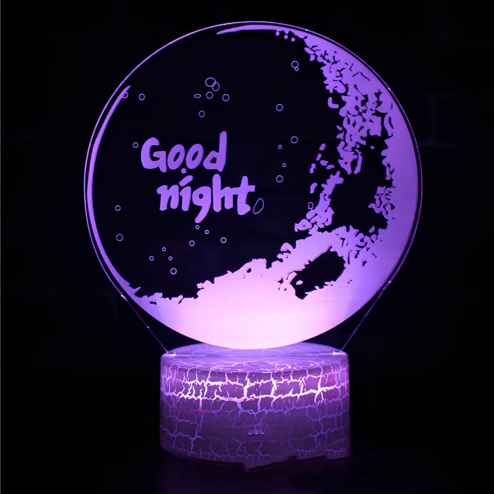 Creative 3D LED bedside night light with 4mm acrylic shade, touch switch, and USB cable on black ABS base