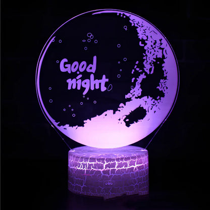 Creative 3D LED bedside night light with 4mm acrylic shade, touch switch, and USB cable on black ABS base