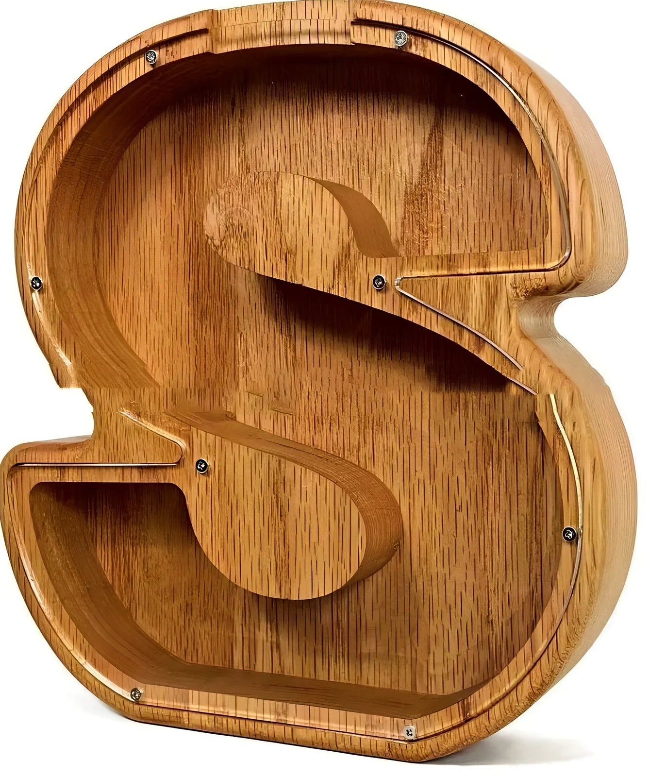 Handmade wooden letter piggy bank with personalised initial, showing 15cm height and 5cm coin slot for UK coins