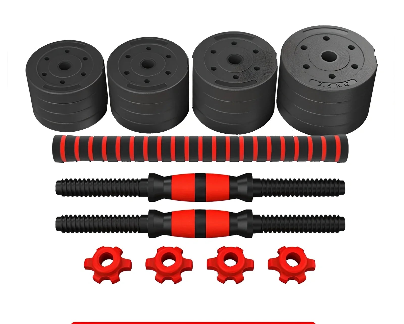 Red rubber-coated concrete adjustable dumbbells set, 10-40kg weights for household fitness barbell training