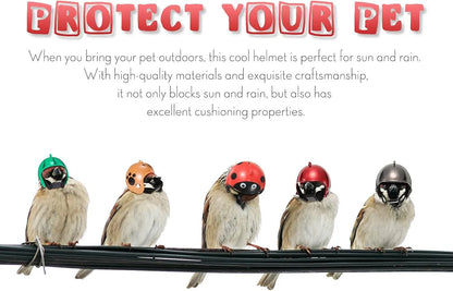 Small adjustable pet helmet for chickens and birds with sponge lining in various costume designs