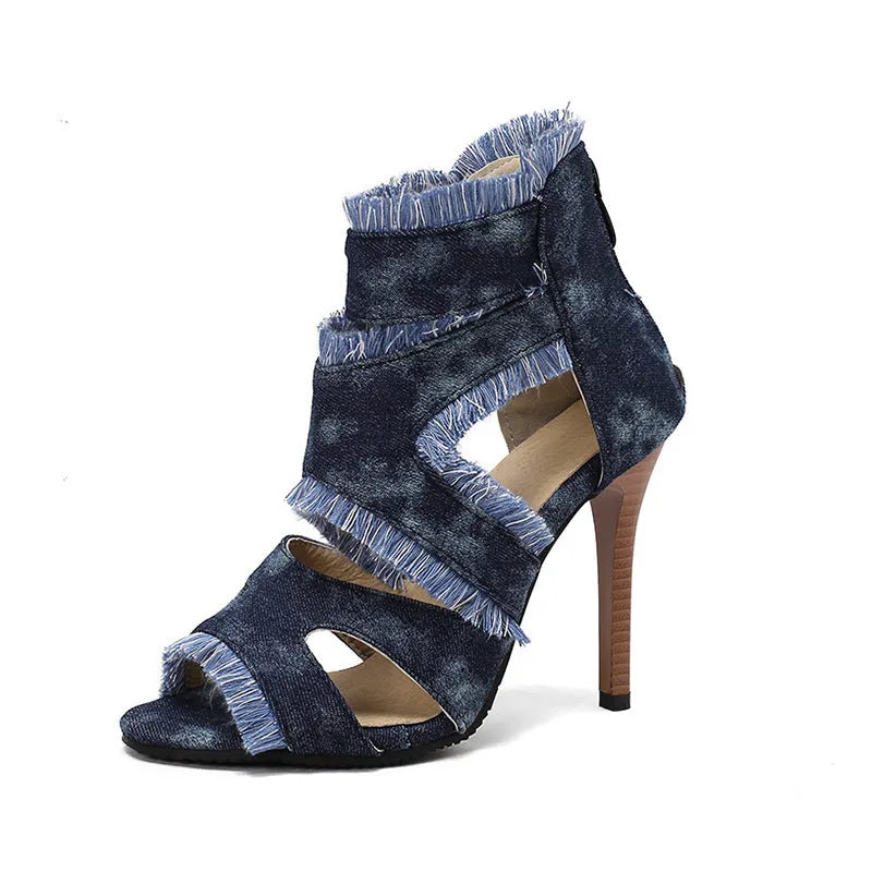 Women's plus size denim high heel sandals in leopard print and plaid patterns available sizes 32-50 EU