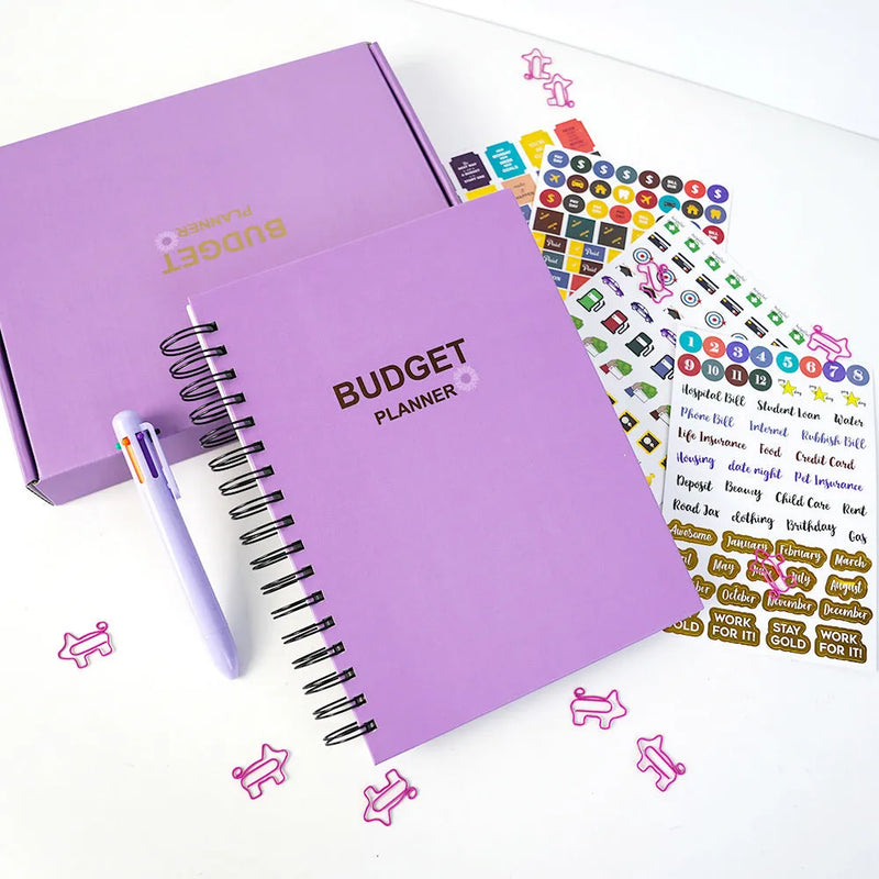 Coil notebook A5 monthly financial planning budget book ledger with purple cover, daolin paper interior, includes pen and stickers for English budget tracking and expense management, 260mm x 205mm x 35mm