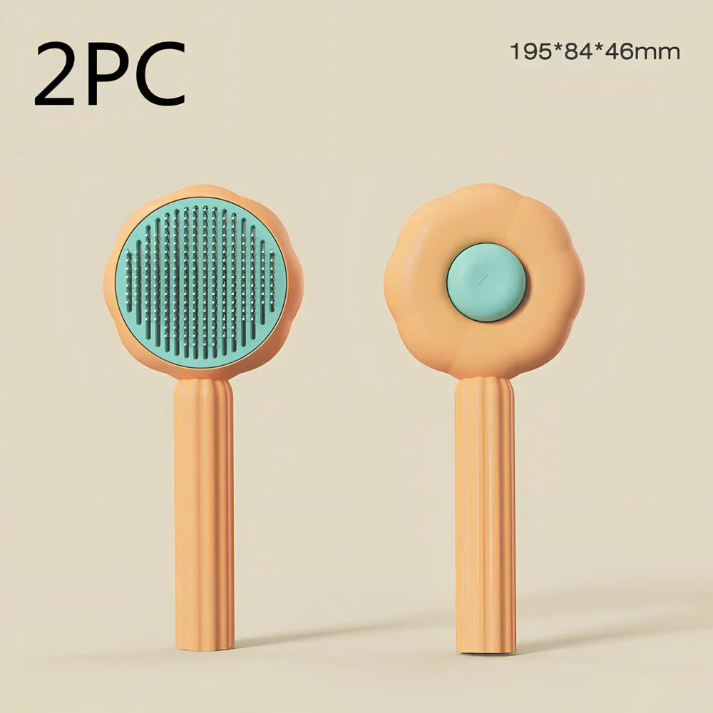 Sunflower design pet comb with stainless steel needles and one-click hair removal button