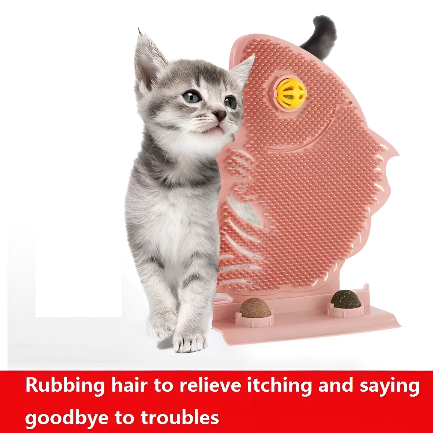 Blue fish-shaped cat wall scratcher with grooming brush, two catnip balls, and bell on white base