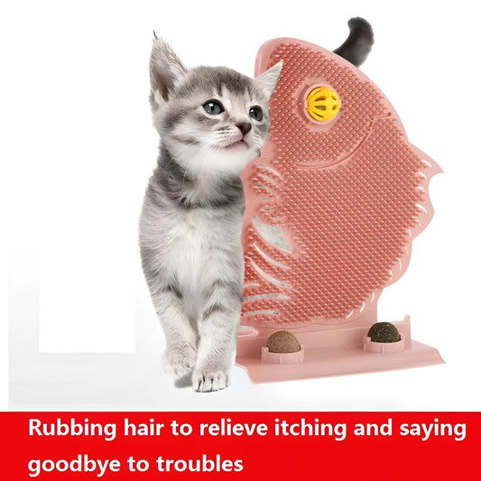 Blue fish-shaped cat wall scratcher with grooming brush, two catnip balls, and bell on white base