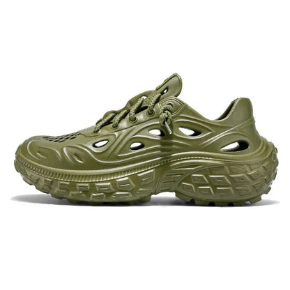 Men's thick-soled EVA summer sandals in army green with a hollow-out design and covered heel