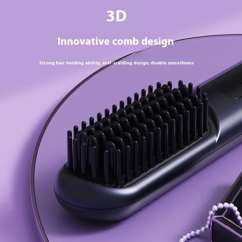 White portable negative ion hair comb with built-in power bank on a wooden table.