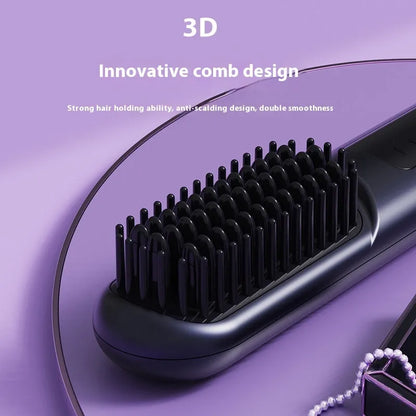 White portable negative ion hair comb on a wooden surface, showing its sleek ABS plastic body and teeth.
