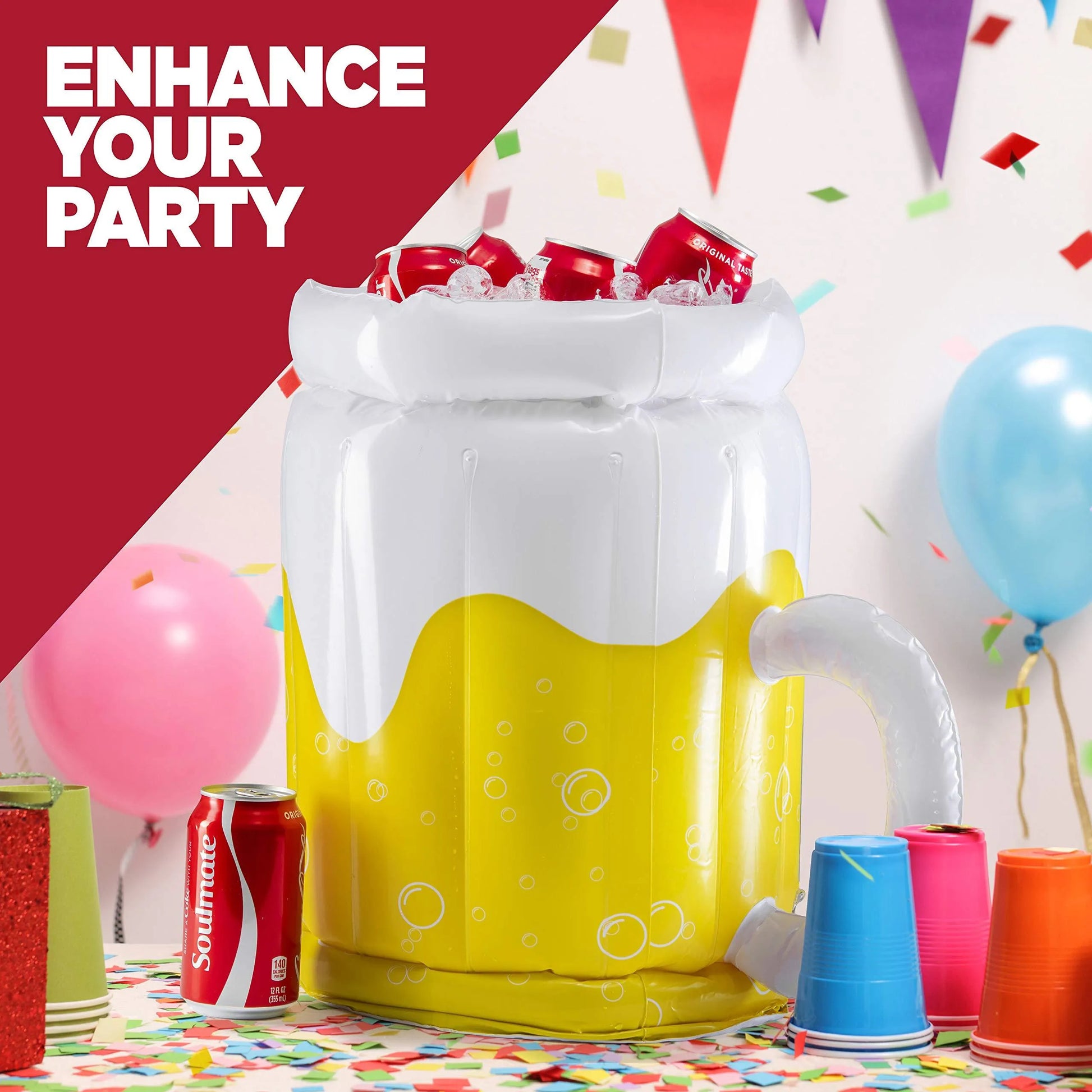 Large yellow inflatable beer mug shaped drink cooler floating in a swimming pool.
